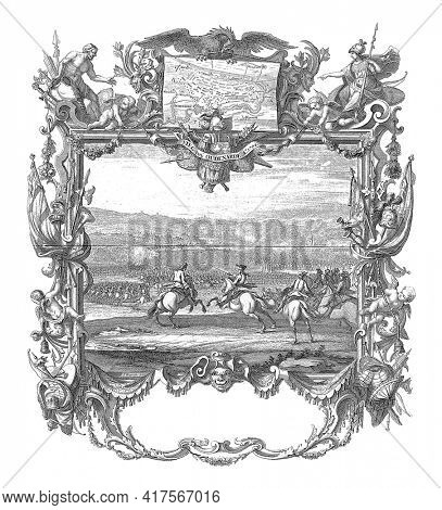 Battle of Oudenaarde, 1708, vintage engraving.