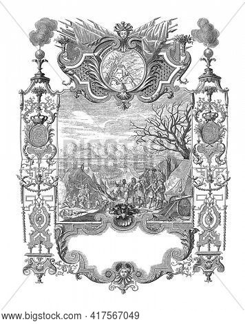 Conquest of Susa, 1707, vintage engraving.