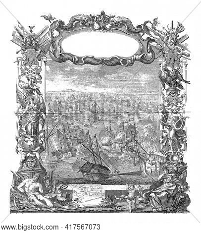 Battle of Malaga, 1704, vintage engraving.