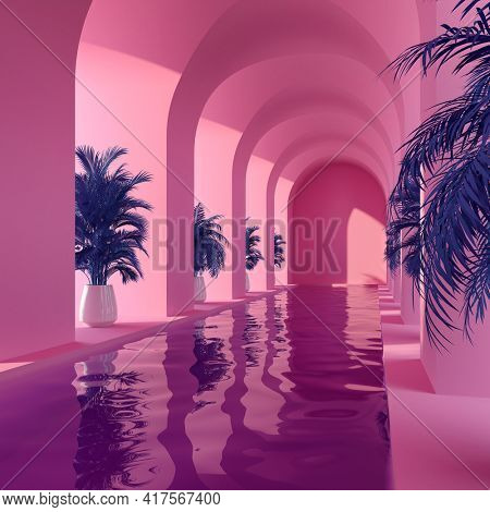 Swimming pool in hall with columns, pink colors, conceptual art, 3D illustration, rendering.