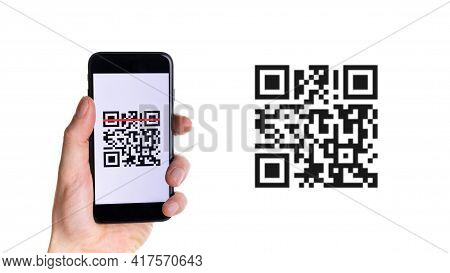 Id Qr. Hand Holding Mobile Smartphone Screen For Online Pay, Scan Barcode Technology With Qr Code Sc