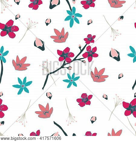 Colorful Blossoming Budding Flowers Seamless Pattern White Print