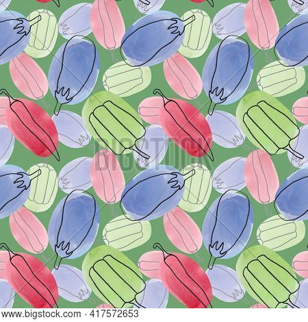 Seamless Pattern With Vegetables In The Style Of Linart On A Green Background. Sweet Pepper, Chili P