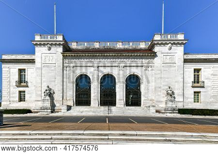 Washington, Dc - Apr 4, 2021: Organization Of American States Headquarters At Night In Washington Dc
