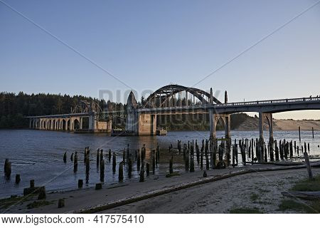 Siuslaw River Bridge In Florence Oregon In Evening Light