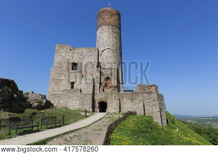 Checiny, Kielce, Poland - May 3, 2017: 13th Century Checiny Castle, Ruins Of Medieval Stronghold. It