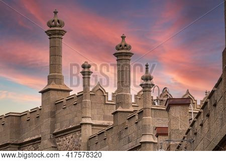 The Walls And Towers Of Old Palace On The Background Of Beautiful Pink Sunset. Vorontsov Palace, Or 