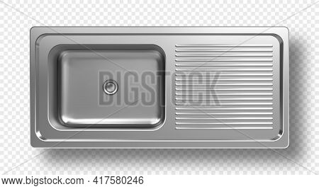 Stainless Steel Sink Top View 3d Mockup. Kitchen Metal Washbasin With Right Side Place For Clean Dis
