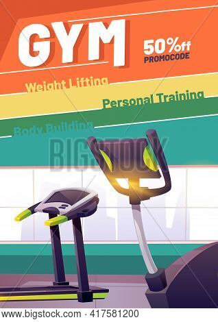 Gym Cartoon Poster With Treadmill. Promotional Flyer With Promocode For Weight Lifting, Body Buildin