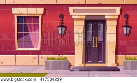 Cottage House Facade Front View, Home Building Exterior Of Red Brick With Window, Door And Rug At Do