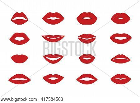 Woman S Lips. Cartoon Flat Kiss Shape Icons, Isolated Lipstick Sensual Silhouette Set. Vector Beauty