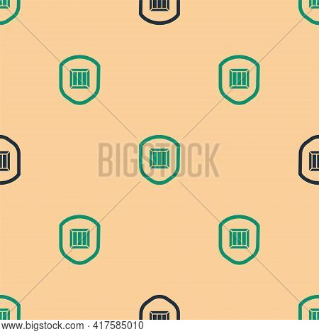 Green And Black Delivery Security With Shield Icon Isolated Seamless Pattern On Beige Background. De