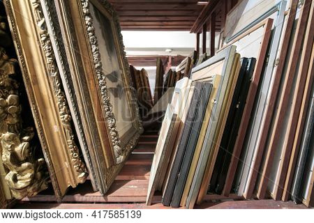 Batumi, Georgia, December, 17, 2020: Batumi Art Museum, Wooden Shelves At Art Gallery Storage Full O