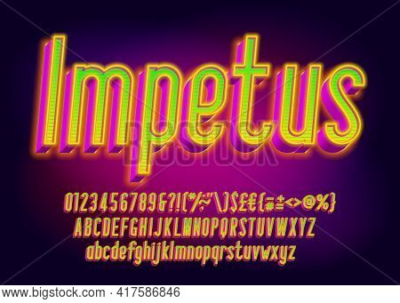 Impetus Alphabet Font. 3d Effect Glowing Letters, Numbers And Punctuations. Uppercase And Lowercase.