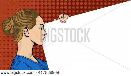 Side Profile Of A Blonde Woman. Woman With Hair In A Bun In Pop Art Style. Retro Halftone Background