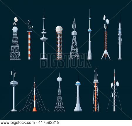 Digital And Wave Communication Towers Set. Parabolic Metal Construction With Antennas Radar Spiers W