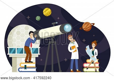 Astronomers Scientists Study Space Illustration. Observation Planets And Stellar Bodies New Discover