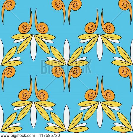 Vector Bright Blue Background Brittany Celtic, Breton Trational Folklore Symbols Seamless Pattern. S