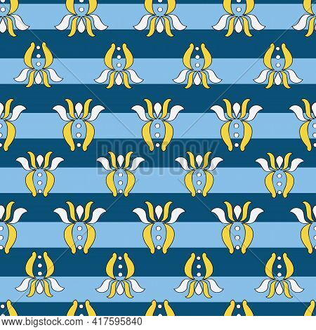 Vector Bright Blue Breton Stripes Background Brittany Celtic, Breton Trational Folklore Symbols Seam