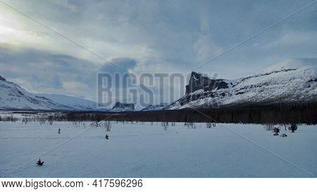 Snowy Winter Landscape Of Sarek National Park In Swedish Lappland