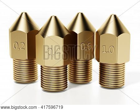 Brass 3d Printer Nozzles Isolated On White Background. 3d Illustration.