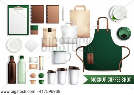 Mockup Coffee Shop Collection Of Essential Elements Bottles Cardboard Cups With Caps Notebooks And V