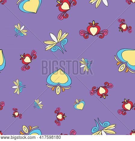 Vector Purple Background Brittany Celtic, Breton Trational Folklore Symbols Seamless Pattern. Seamle