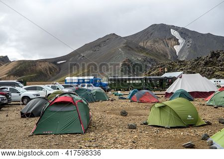 Landmannalaugar, Iceland - July 30, 2017: Tourist Camp In Volcanic Mountains Of Landmannalaugar In F