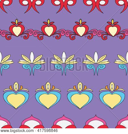 Vector Purple Background Brittany Celtic, Breton Trational Folklore Symbols Seamless Pattern. Seamle