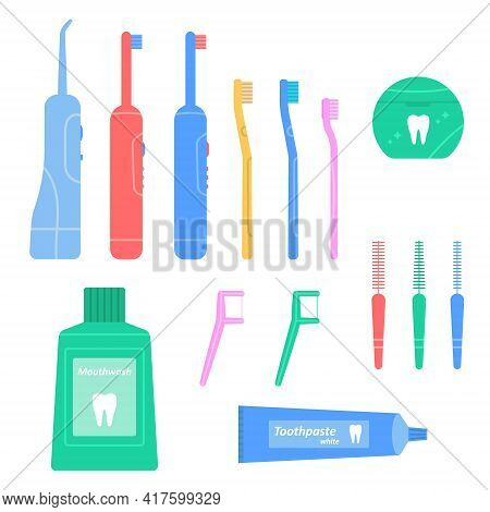 Dental Cleaning Tools Set. Hygiene And Oral Care. Flosser, Irrigator, Mouthwash, Toothbrush And Dent