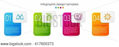 Set Line Binoculars, Hand Grenade, Military Headquarters And Naval Mine. Business Infographic Templa