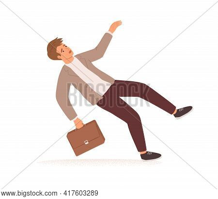 Businessman Stumbling And Falling Down. Fall Of Young Man With Briefcase. Career Failure, Fiasco, Cr