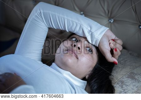 Concept Of Insomnia Or Sleeping Problem Or Depression - Worried Young Girl With Eyes Open Not Able T