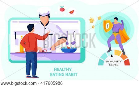 Man Watching Video Of Chef Cooking Salad. Guy Looking At Culinary Blog On Screen To Improve Immunity