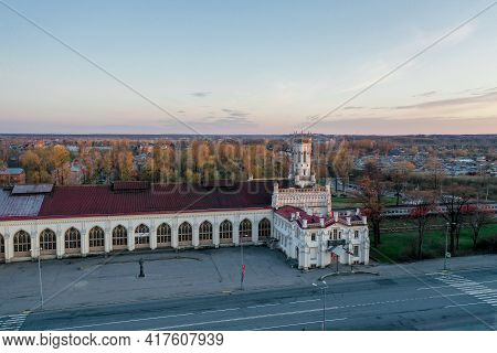 Panoramic Aerial View Of The New Peterhof Railway Station In The Pseudo-gothic Style. The Western Fa