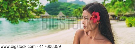 Asian natural beauty woman wellness spa skincare banner panorama on tropical beach background