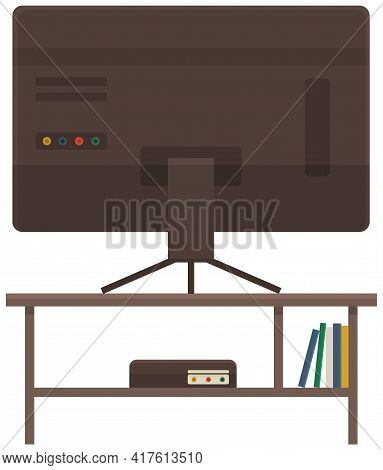 Televisor On Table, Monitor On Shelf With Books. Tv On Stand. Living Room Interior Element