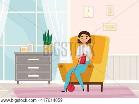 Beautiful Woman Knitting Scarf Sitting In Chair, Engaged In Hobby. Girl Works With Threads In Ball