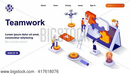 Teamwork Isometric Landing Page. Colleagues Cooperation At Office Isometry Concept. Team Communicati