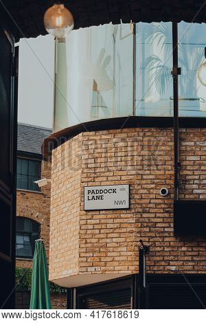 London, Uk - August 12, 2020: Paddock Lane Street Name Sign Inside Camden Market. Started With 16 St