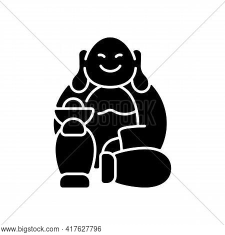 Laughing Buddha Black Glyph Icon. Pray For Prosperity, Wealth. Chinese Traditions. Spirituality, Rel