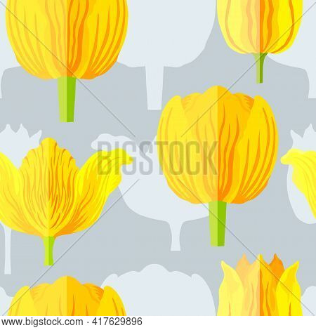 Seamless Pattern With Three Types Of Yellow With Orange Tulips. Blue Silhouettes Of The Same Tulips 