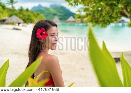Asian natural beauty woman wellness spa skincare on tropical beach background