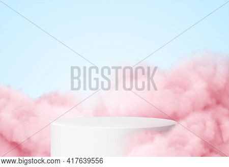 Blue Background With A Product Podium Surrounded By Pink Clouds. Smoke, Fog, Steam Background. Vecto