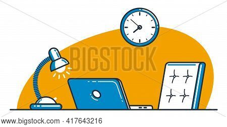 Place Of Work Office Table Desk Vector Flat Illustration Isolated Over White, Work From Home Comfort