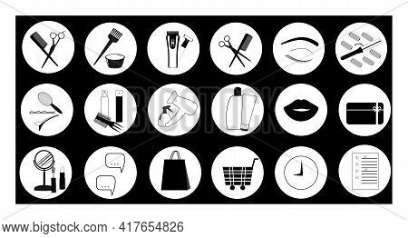 Vector Black And White Icons For Social Networks With Hairdressing Tools, Gift Card, Package And Sho
