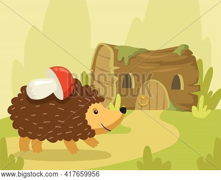 Happy Hedgehog Going To Tree Stump Home With Mushroom On Needles. Flat Vector Illustration. Cartoon 