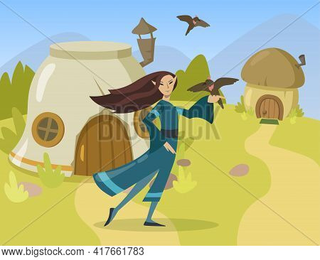 Cartoon Female Elf Character Flat Vector Illustration. Elven Woman Personage In Traditional Dress Ho
