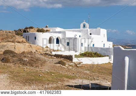 View Of The Monastery Of Saint John Of Deti On Paros Island, Hill Near Monasteri Beach. Greece.