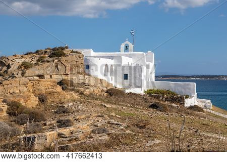 View Of The Monastery Of Saint John Of Deti On Paros Island, Hill Near Monasteri Beach. Greece.